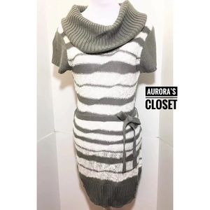 Moral Fiber XL Gray Sweater Dress Cowl Neck Belt Short Sleeve White BNWT